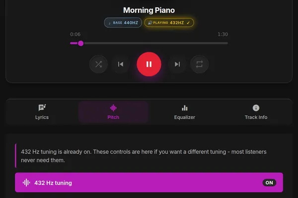 The 432Hz Web Player tuning panel with 432Hz selected